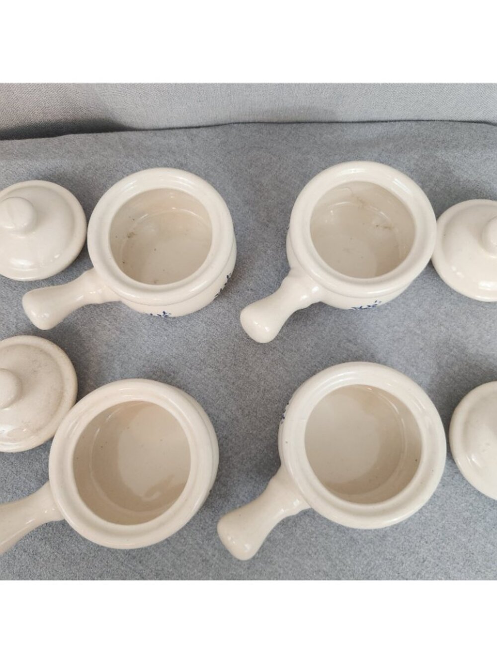 Vintage Glazed Stoneware Lot 4 Handle Crocks Beige Blue Floral French Onion USED - Picture 8 of 9